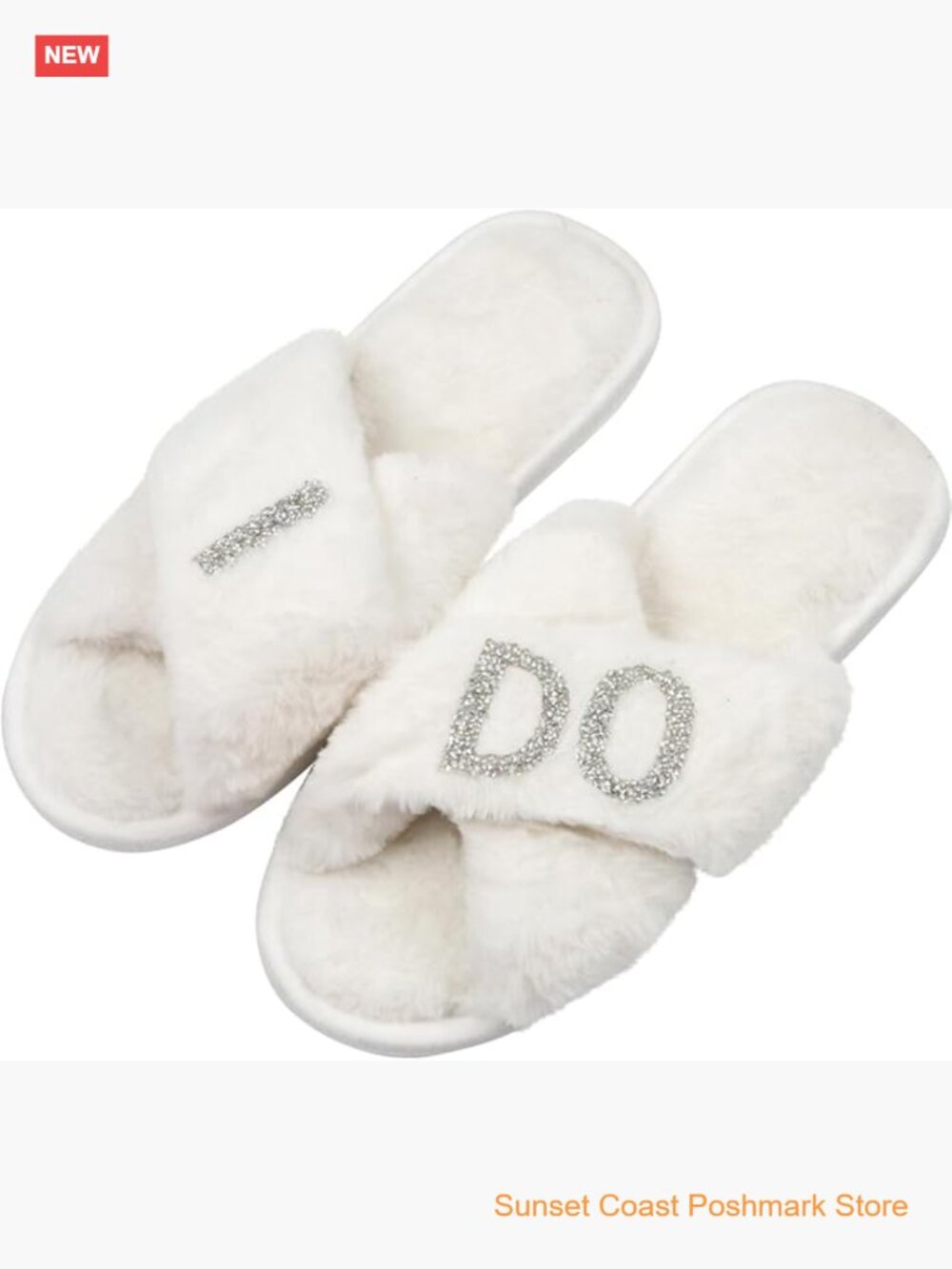Bride Slippers Rhinestone Faux Fur Slides for Bridal Shower Wedding Day